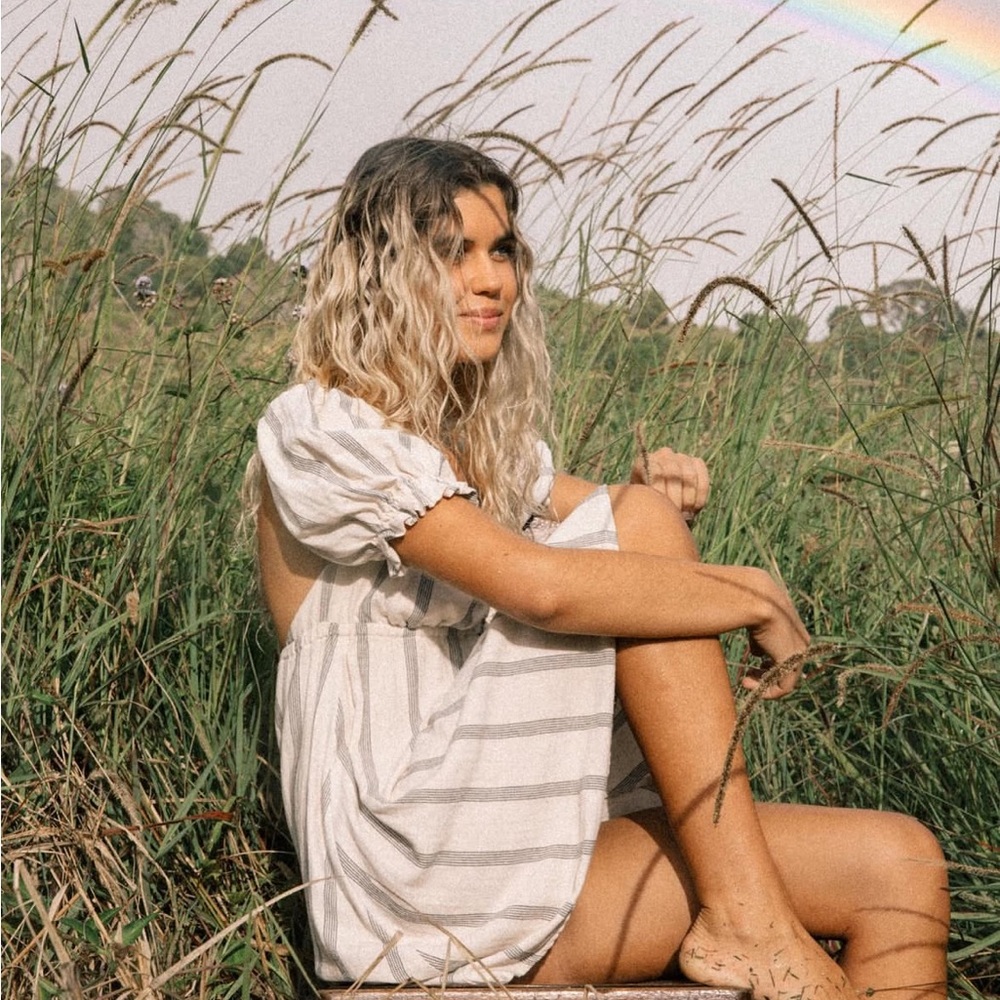 Oakie the label Striped Puff Sleeve Mini Dress in Cream and Gray/ blue green